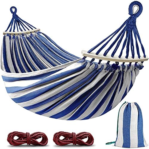 MOSFiATA 285x155cm Hammock with Spreader Bars, Camping Hammock Outdoor, with Thickened Durable Canvas Fabric and Sturdy Metal Knot, 550 lb Load Capacity, for Backyard, Garden, Blue