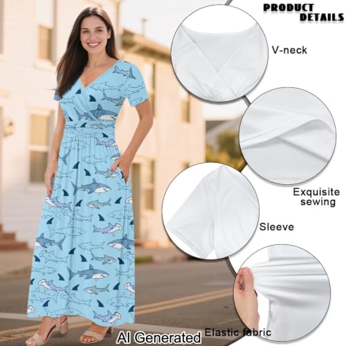 Image of Women's Fall Summer Short Sleeve Ankle Length V-Neck Party Dress with Pockets Size S-3XL