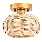 MhyTogn Wicker Light Fixture, Woven Rattan Bamboo Antique Brass Brush Paint Finish Globe Flush Mount