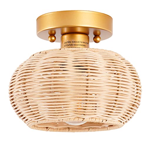 Mhytogn Wicker Light Fixture, Woven Rattan Bamboo Antique Brass Brush Paint Finish Globe Flush Mount Ceiling Light For Entryway Bedroom Hallway Kitchen Corridor Passway #TOP6