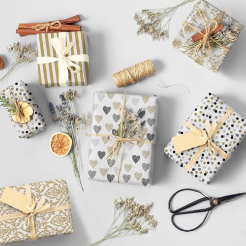PAW - Papier Cadeau 200x70cm - 5 rouleaux | Mélange de 5 motifs | Emballage Cadeau élégant pour anniversaires, mariages, baby showers, fêtes et cadeaux - Motifs noirs et dorés – vue 5