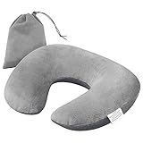 Plemo Travel Pillow, Velvet U-Shaped Inflatable Neck Back Support Pillow with Washable Removable Cover & Carry Pouch, Gray