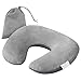 Plemo Inflatable Travel Pillow, Velvet U-Shaped Neck Pillow for Travelling On-the-Go or Office Use, Good Support for Neck and Back, Carry Pouch (Grey Basic)