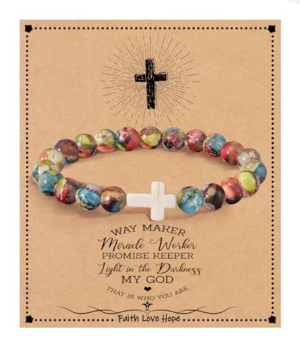 Image of Cross Bracelets for Women, Christian Gifts for Women Stocking Stuffers for Teens Cross Bracelet Imperial Nature Stone Bead Bracelet Confirmation Baptism Gift for Teen Girls Christmas Religious Gift Cathlic Faith Jewelry