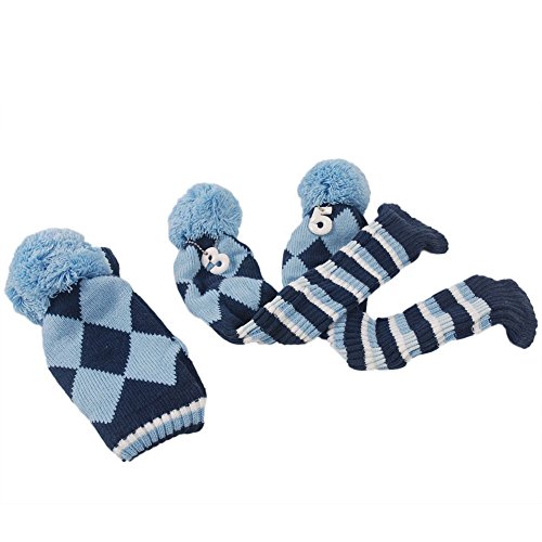 Hifrom 3Pcs/Set Golf Club Argyle Knit Head Covers Headcovers Vintange Pom Pom Sock Covers 1-3-5 Compatible With Driver & Woods Blue & Dark Blue #TOP4