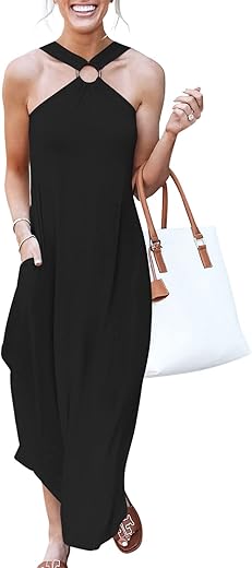 ANRABESS Women Summer Halter Neck Sundress Sleeveless Split Side Casual Beach Travel Vacation Maxi Long Dress with Pockets