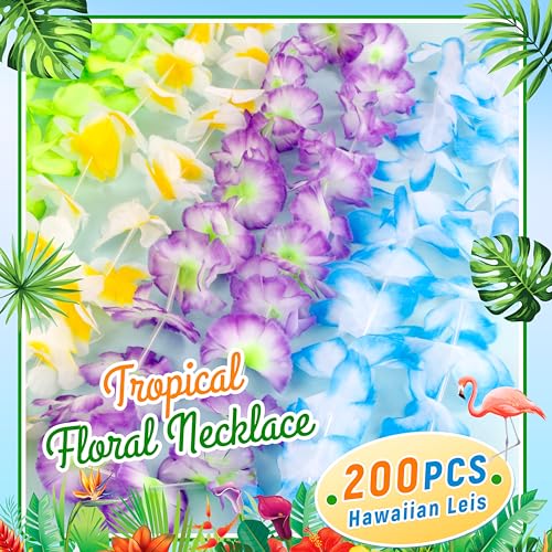 AMAZING TIME 200 Count Hawaiian Lei Bulk, Tropical Luau Hawaii Theme Silk Flower Necklace, Party Favors for Beach Holiday Wedding Birthday Party, Aloha Summer Party Decorations - Thumbnail 3
