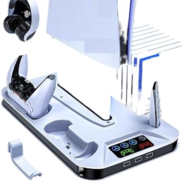 PS5 PRO/PS5 Slim/PS 5 Compatible, Vertical Cooling Stand, PS5 Controller Charging Dock, PS5 Controller Charging Stand, Multi-functional Cooling Fan, Simultaneous Charging, Charging Indication Lamp,