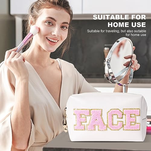 Burskit Preppy Patch Stuff Portable Makeup Bag Bulk PU Leather Cosmetic Bag Waterproof Travel Organiser Zipper Pouch Storage Purse for Women Girls Gift