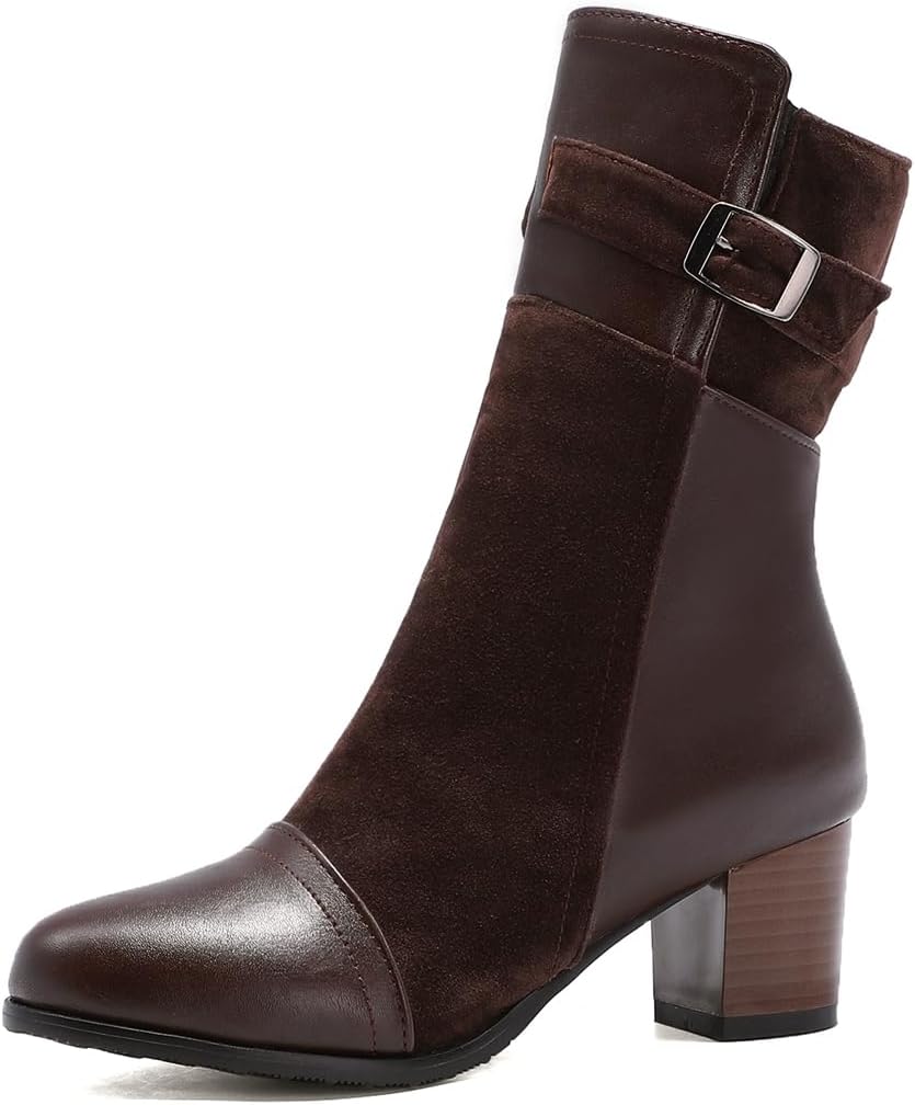 VOKLIN Women's Round Toe Elegant Dressy Ankle Boots Buckle Zipper Chunky Block High Heel Dress Short Booties