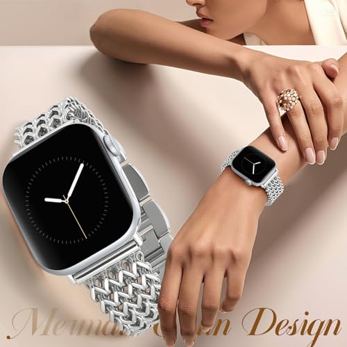Image of Metal Band Compatible with Apple Watch Bands for Women 40mm 41mm 42mm 38mm 44mm 45mm 46mm 49mm, Dressy Stainless Steel Link Bracelet, Designer Strap for iWatch Series 11 /SE /10 /9 /8 /7 /6 /5 /4 /3 /2 /1 /Ultra