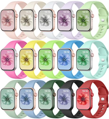 GEAK 15 Pack Band Compatible with Apple Watch Bands 45mm 46mm 49mm 44mm 42mm 40mm 41mm 38mm for Women Men,Soft Silicone Sport Replacement for iWatch Bands Series 11 10 9 8 7 6 5 4 3 2 1 SE Ultra by GEAK - Used condition - US$14.64