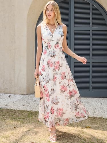 Image of ANRABESS Women's Floral Tulle Wedding Guest Maxi Dress | V Neck Sleeveless,A-Line Elastic Waist,Casual Flowy Formal Boho,Bridal Shower Garden Party Beach Vacation,Summer Fall