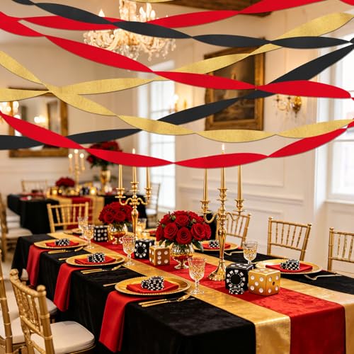 Image of Casino Streamers Party Decorations, 8 Rolls Red Black Gold Crepe Paper Streamers for Wedding Graduation Cartoon Birthday Las Vegas Poker Themed Party Decor