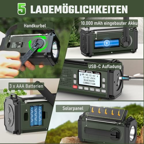 PRUNUS J-924 Digital Radio DAB/DAB+/UKW, Kurbelradio Notfall mit 10000mAh Akku, DAB Radio mit Bluetooth, Notfallradio mit Taschenlampe/SOS Alarm/Handyladefunktion für Ourdoor, Blackout, Notfall.