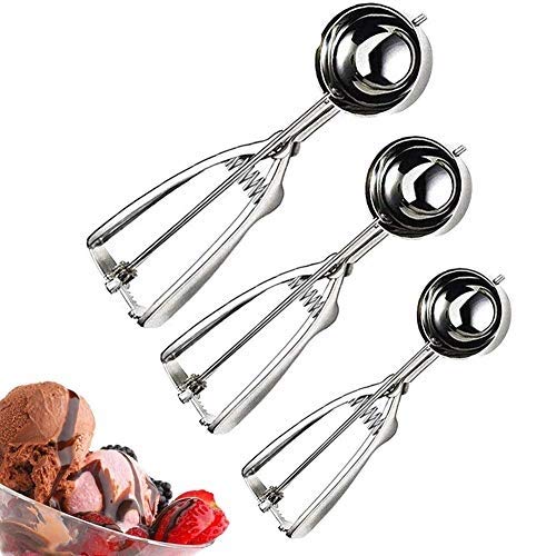 HUOQILIN Ice Cream Scoops Cookie ScoopStainless Steel with Trigger for Fruit, Ice Cream, Mashed Food, Baking Spoon Scoopers Set 3 Pack (Large Medium Smal)