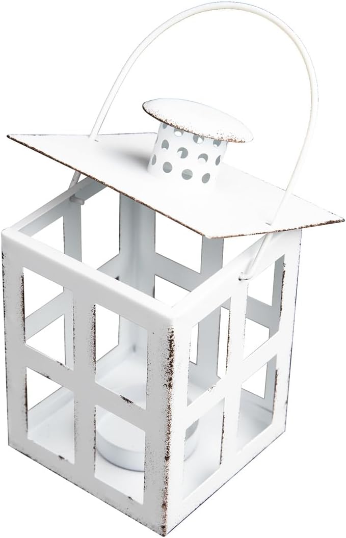 HPC Decor 6PCS Mini Lanterns Decorative for Wedding Centerpieces- Bulk Metal Candle Lanterns w/ LED Tealight & String- Modern Farmhouse Decor for Home, Party, Table, Fireplace, Shelf Decor (White)