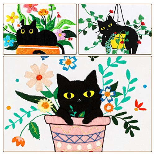 Image of Nuberlic 3 Sets Cute Cat Embroidery Kit for Adults Beginners, Stamped Cross Stitch Starter Kits Include Needlepoint Cloth Hoops Needles Threads and Instruction