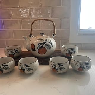 Tea Pot and 6 Cups Speckled Stoneware with Bamboo Wicker Handle, Rustic Farmhouse Teapots, 7.5 "W x 7.5 "H x 5.5 "D, Handmade Ceramic Pot for Tea Coffee Milk Office Living Room