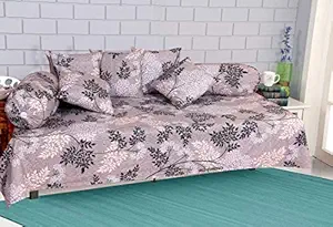 RD TREND 300 TC 100% Cotton Printed Diwan Set with (8Pcs),1 Single bedsheet 5 Cushion Cover and 2 Bolster Cover (Grey Flower)