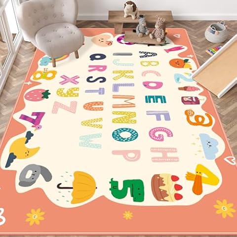 LTKOUGFAM ABC Kids Play Rug, Large Soft Educational Learning Space Mat, Non-Slip Cute Baby Floor Toddler Numbers Mat Area Rug for Kids Living Room Playroom Classroom Decor (Orange, 59" x 78" L) Cover