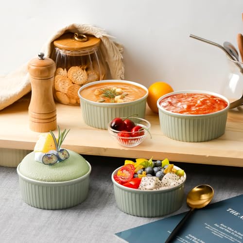 NUTRIUPS Green Ramekins 14oz Oven Safe Set of 4, Porcelain Pudding Cups for Creme Brulee Souffle, Small Ceramic Ramekins Set for Baking