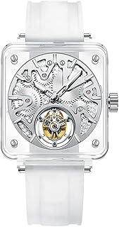 AESOP Real Flying Tourbillon Skeleton Mechanical Hand Wind Wrist Watch Men Sapphire Crystal Diamond Business Dress Hollow Dial Clock Man Luminous Transparent Case Rubber Band Wristwatch Waterproof, White