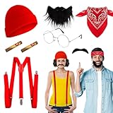 Halloween Men's Costume Kit with Glasses, Red Bandana, Scruffy Mustache,Red Hat,Elastic Suspenders for Party Cosplays