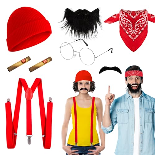 Halloween Mens Costume Kit with Glasses Red Bandana Scruffy Mustache Red Hat Elastic Suspenders for Party Cosplays