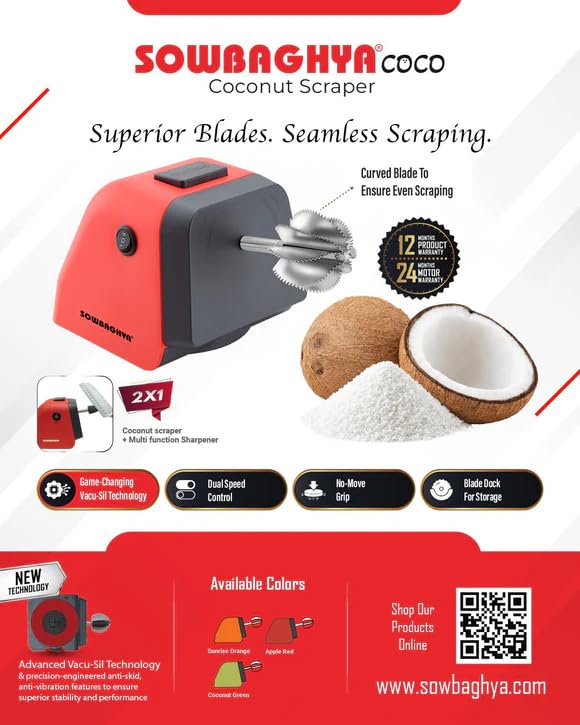 Image of Sowbaghya Coco 2-in-1 Electric Coconut Scraper & Knife Sharpener | Powerful Motor | Fresh Coconut Grating at Home | Compact & Easy to Clean | 1 Year Warranty | Green
