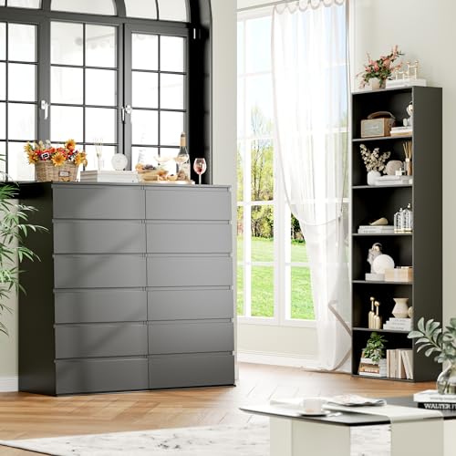 FOTOSOK Black Dresser, 6 Drawer Dresser, Modern Tall Black Storage Chest of Drawers Wood Dressers with Metal Sliding Rail, Handleless Drawer Cabinet for Home & Office - Thumbnail 6