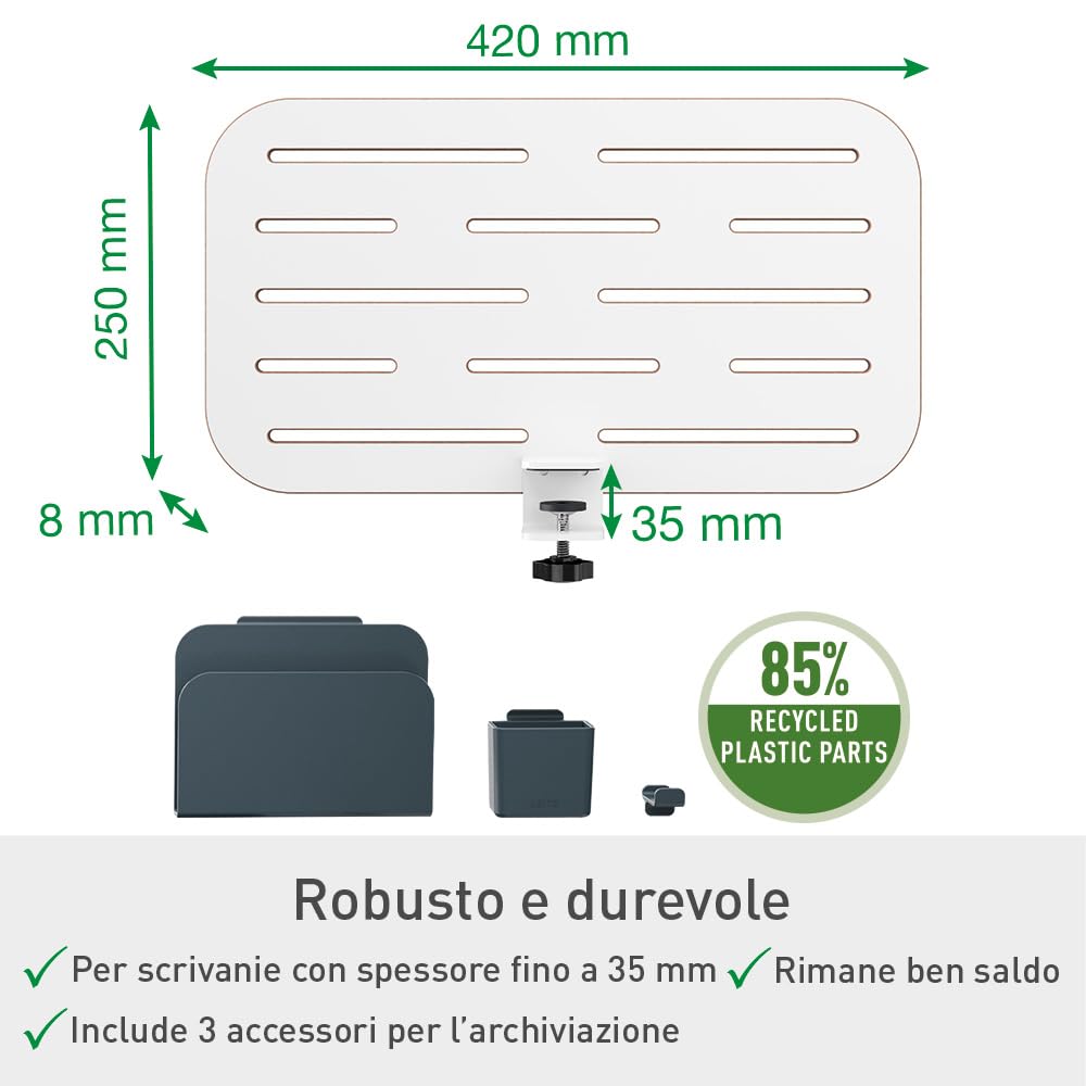 Leitz Ergo Organizer con Pannello Forato per Scrivanie dallo Spessore Massimo di 35 mm, Include Gancio per Cuffie, Portapenne e Porta Blocco per Note, 42 cm x 25 cm, Gamma Ergo, Bianco, 65480000