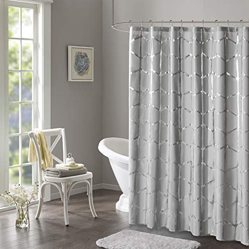 Intelligent Design Raina Shower Curtain Printed Geometric Metallic Machine Washable Modern Home Bathroom Decorations, 72 in x 72 in, Grey by Intelligent Design - Used condition - CA$6.51