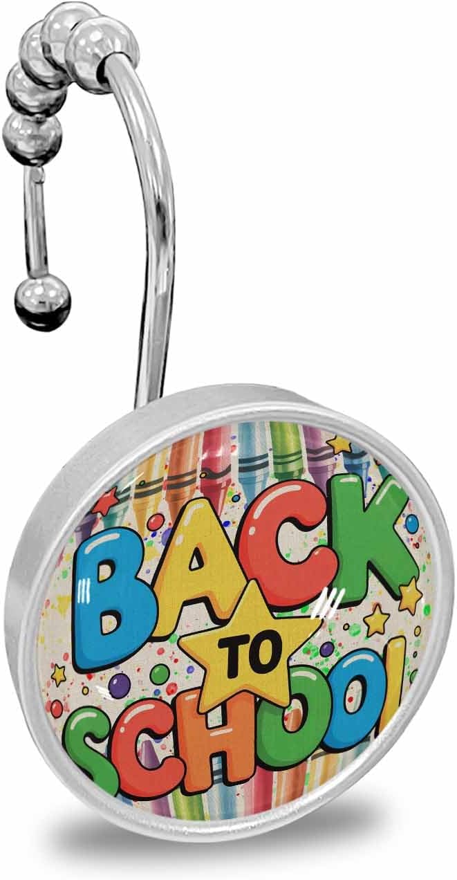 Shower Curtain Hooks Decorative, Back to School Shower Curtain Rings Stainless Steel, Star Colorful Rainbow Crayon Bathroom Accessories Rod Hangers for Curtains/Clothing 12Pcs