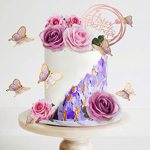 19 Pcs Flower Cake Toppers Butterfly Cake Decorations Happy Birthday Cake Toppers With Artificial Purple And Pink Rose Flowers Eucalyptus Butterflies Wedding Baby Shower Supplies (Purple) #TOP4