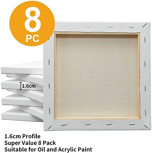 FIXSMITH Stretched White Blank Canvas- 20x20 cm, 8 Pack,Primed,100% Cotton,5/8 Inch Profile of Super Value Pack for Acrylics,Oils & Other Painting Media.