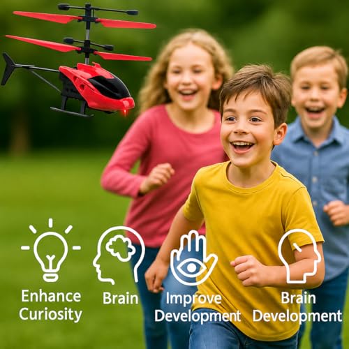 Image of KIDZYMON RC Helicopter with Hand Gravity Sensor, Flying Remote Control Toy, Rechargeable with 3D Light & Safety Sensor for Kids Age 4+ Years, Pack of 1, Cherry Red Colour