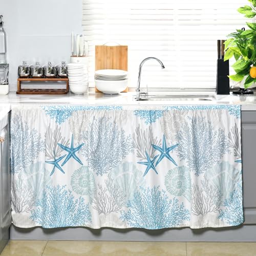 VitalCozy Cabinet Curtains 28" W x 51" L Sink Skirt for Bathroom Kitchen Summer Blue Ocean Coral Dishwasher Curtain for Home Farmhouse Rustic Drape Under Desk Privacy Drape for Laundry Room
