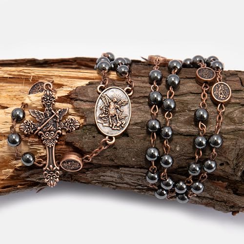 Nazareth Store Colar de contas de pedra de hematita do terço de São Miguel, contas de glória, medalh