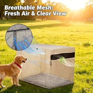 HiCaptain Dog Crate Cover 42.0" L x 28.0" W x 30.0" H with Breathable Mesh, Durable Heavy Duty Kennel Cover, Dual Zippered Panels, Windproof Waterproof UV-Resistant(Beige)