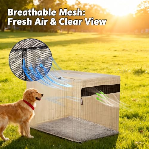 HiCaptain Dog Crate Cover 54.0" L x 37.0" W x 45.0" H with Breathable Mesh, Durable Heavy Duty Kennel Cover, Dual Zippered Panels, Windproof Waterproof UV-Resistant(Beige) by HiCaptain - Image 2