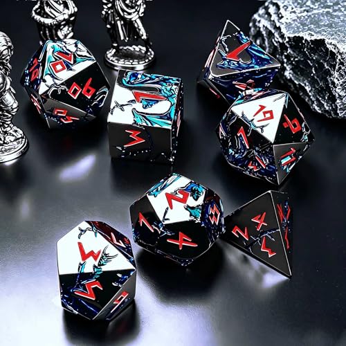 Blue Dragon Metal DND Dice Set, 7 Piece Weighted Polyhedral Dice for Dungeons and Dragons, Heavy Zinc Alloy RPG Dice with Engraved Numbers & Storage Gift Case for Pathfinder MTG Role Playing Games — view 6