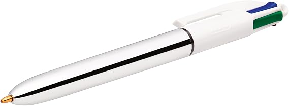 BIC 4 Colors Shine Silver Body Ballpoint Pen 12 Box, 4 Colors (Blue, Black, Green and Red), 1.0 mm. Fly