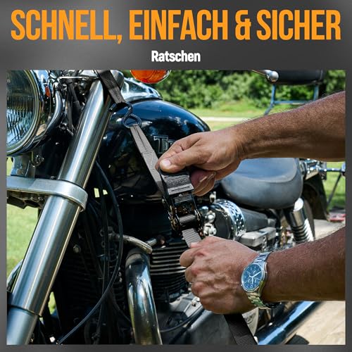 Foto von FORTEM Spanngurte - 748 kg Bruchfestigkeit, 4 x 4,57 m Mit Ratsche - 4 Weiche Zurrschlaufen, Zurrgurte Mit Haken Aus Beschichtetem Metall - Gummigriffe - Tasche (Schwarz)