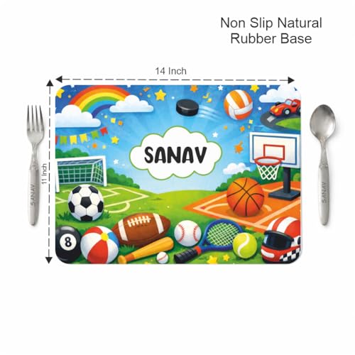 Image of Customized Table Mat with Name & Design Engraving | Personalized Dining Mat with Spoon & Fork | Customized Birthday Gift for Kids (Football)