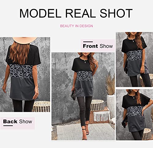 Dokotoo Women Long Shirts Crewneck Short Sleeve Oversized T Shirts For Women Casual Tunic With Pockets Color Block Tunic Tops To Wear With Leggings Autumn Spring (Us 16-18) Xl,Black,Leopard,Dark Grey #TOP22