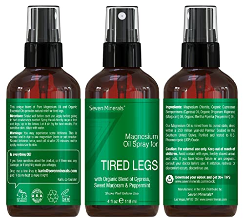 Magnesium Oil Spray - Powerful USA Made Magnesium Oil Blend with Essential Oils (Cypress, Sweet Marjoram and Peppermint) - Free Ebook Included (4 fl oz)