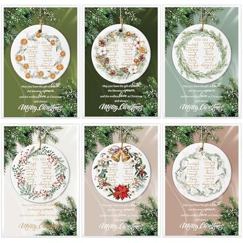 6 Set Christmas Christian Ornaments Religious Gift Bulk Bibles Verse Ornament Scripture Hanging Ceramic Ornament Inspirational Round Wreath Sign with Card for Church Family Sunday Xmas Tree (Stylish) Cover
