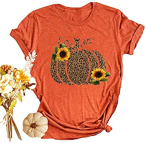 Tixom Womens Leopard Pumpkin Printed Sunflower T-Shirts Halloween Short Sleeve Graphic Fall Tees Tops (Jacinth, Small) #TOP1