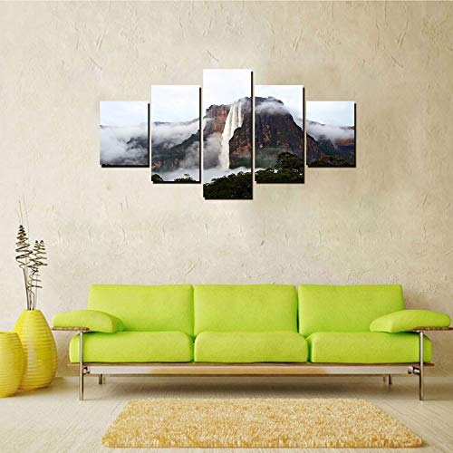 Angel Falls Scenery Wall Art South America Venezuela Wall Decor Picture Canvas Print Poster Painting Framed Home Living Room Bedroom Decoration 5 Panel Ready To Hang(60''Wx32''H) #TOP2